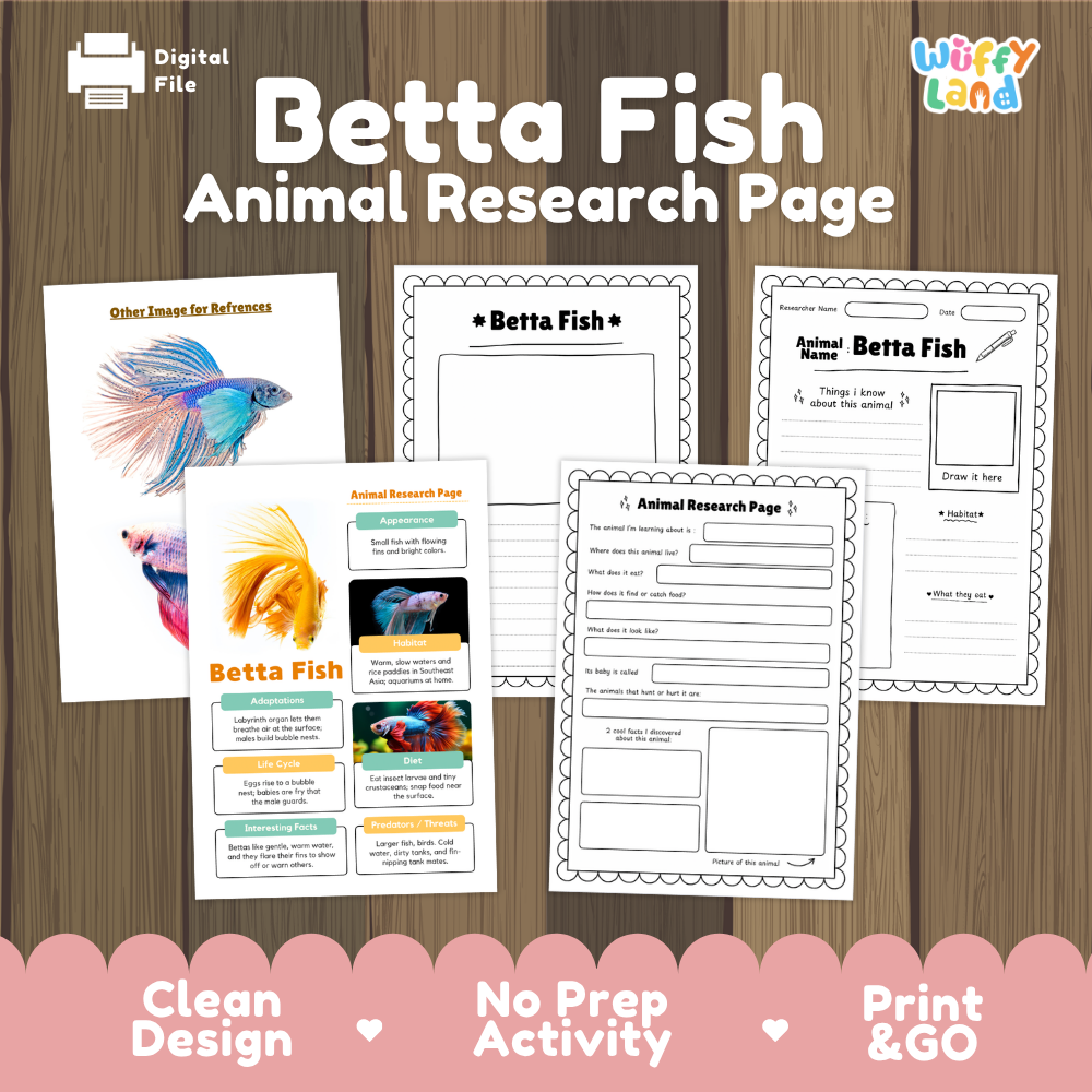 Digital preview of a 'Betta Fish Animal Research Page' activity sheet set by Wiffy Land, displayed on a wood-grain background with a pink banner at the bottom highlighting key features.
