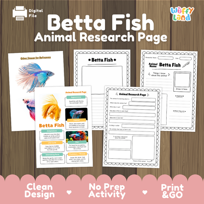 Digital preview of a 'Betta Fish Animal Research Page' activity sheet set by Wiffy Land, displayed on a wood-grain background with a pink banner at the bottom highlighting key features.