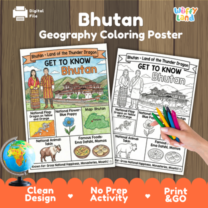 Get to know Bhutan coloring poster paired with photo flashcards of Punakha Dzong, masked dancer, Gho and Kira dress, and momos