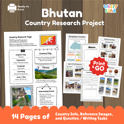 Student country research worksheet on Bhutan featuring national flag, Thimphu capital city facts, climate, and geography map