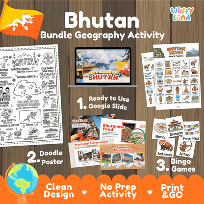 Complete Bhutan geography activity bundle featuring Google Slides, doodle coloring poster, and classroom bingo games 🇧🇹🎒