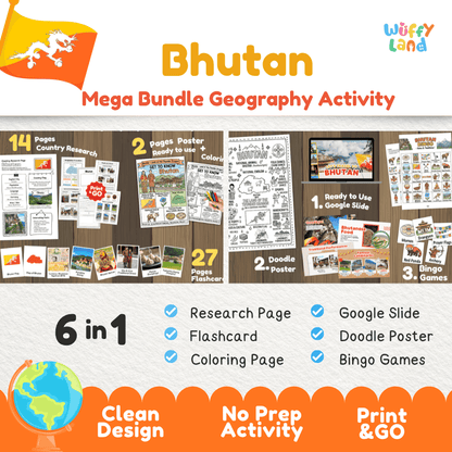 Complete Bhutan geography activity bundle featuring Google Slides, doodle coloring poster, and classroom bingo games 🇧🇹🎒