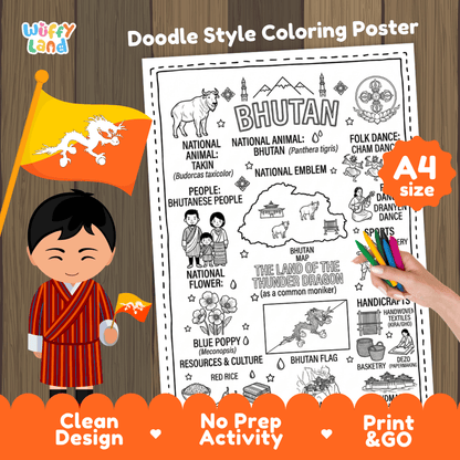 Bhutan country study doodle style coloring poster printable page featuring map, Takin animal, and cultural symbols