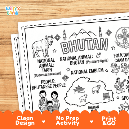 Cultural coloring page featuring traditional Bhutanese Gho and Kira attire, Cham masked dance, archery, and Dezo papermaking