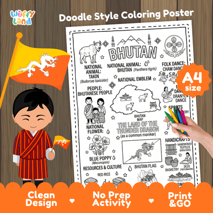 Printable A4 doodle coloring poster highlighting Bhutan map, Takin animal, Tiger's Nest Monastery, and Blue Poppy flower 🎨🐐