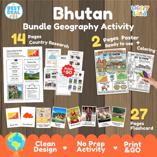 Bhutan geography activity bundle cover showing 14 country research pages, 2 ready to use coloring posters, and 27 photo flashcards