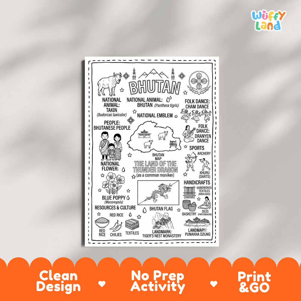 Educational activity coloring page highlighting Bhutan Takin Budorcas taxicolor, Blue Poppy flower, and Druk dragon flag