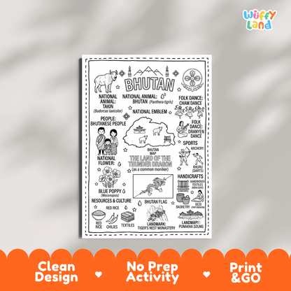 Educational activity coloring page highlighting Bhutan Takin Budorcas taxicolor, Blue Poppy flower, and Druk dragon flag