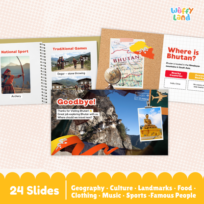 A product mockup for a children's educational travel slideshow set by Wuffy Land, featuring various colorful slide templates about Bhutan, Nepal, and general geography. The slides are arranged on a light pink patterned background with a yellow banner at the bottom indicating '24 Slides' and listing the covered topics.