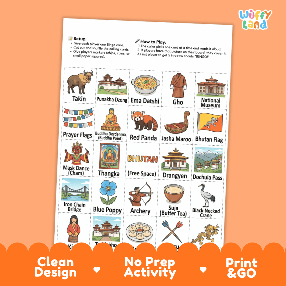 Bhutan Geography BINGO Games Bhutanese Culture and Landmarks Activity