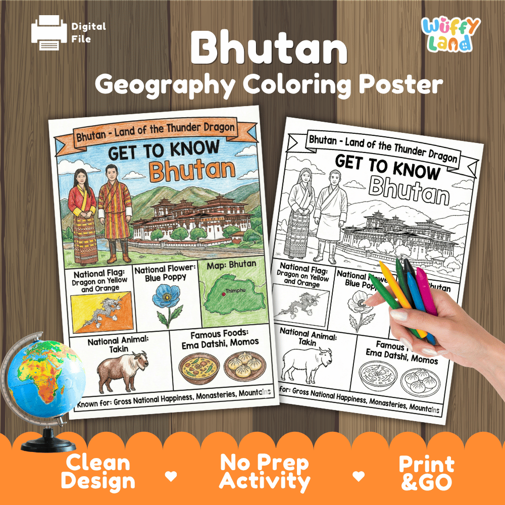 Bhutan Geography Coloring Poster | Country Study Research Activity and Worksheet