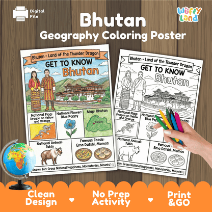 Bhutan Geography Coloring Poster | Country Study Research Activity and Worksheet