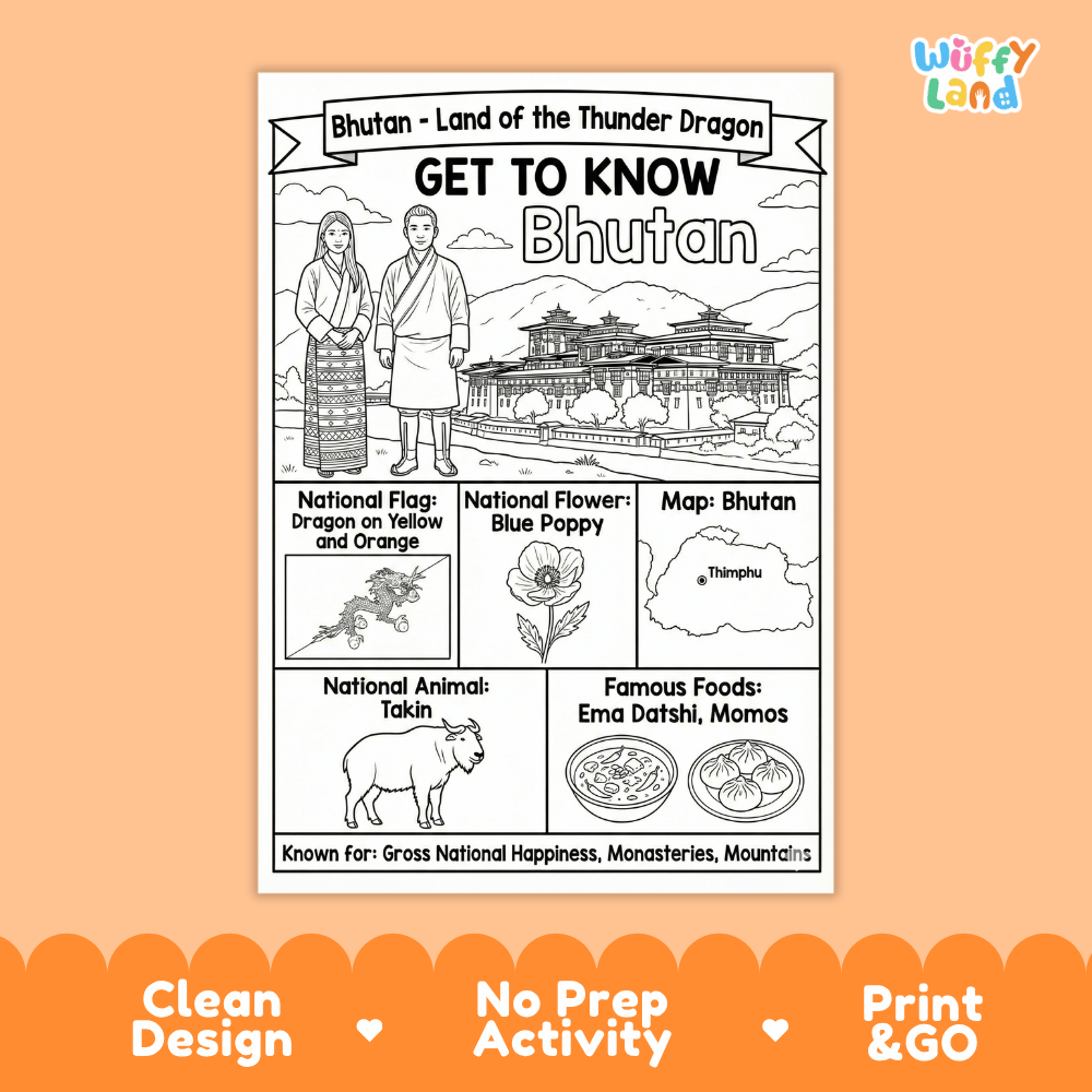 Bhutan Geography Coloring Poster | Country Study Research Activity and Worksheet