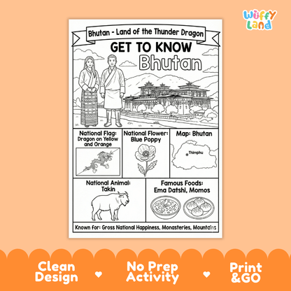 Bhutan Geography Coloring Poster | Country Study Research Activity and Worksheet