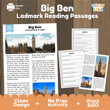 Big Ben Landmark Reading Passages and Comprehension Worksheets