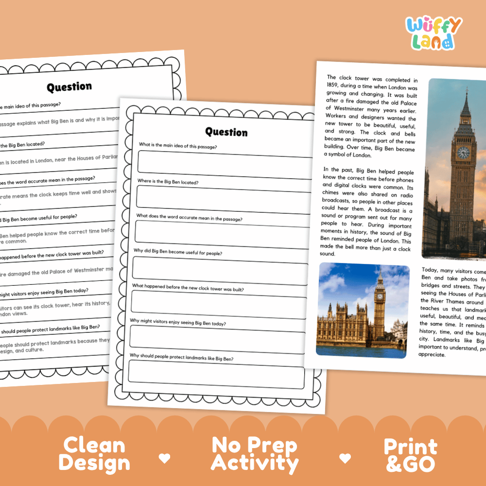 Big Ben Landmark Reading Passages and Comprehension Worksheets