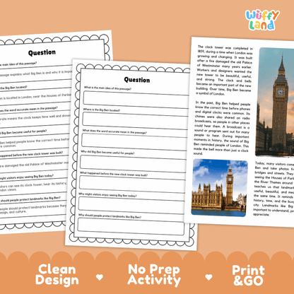 Big Ben Landmark Reading Passages and Comprehension Worksheets