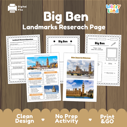 Digital activity sheet set titled 'Big Ben Landmarks Research Page' by Wiffy Land, shown as printable worksheets on a wood background with promotional text at the bottom.