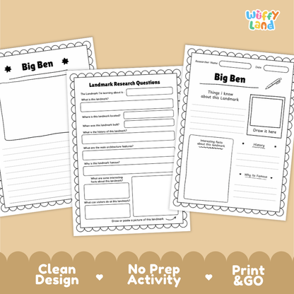 Three printable worksheet pages for a 'Landmark Research Questions' activity about Big Ben are displayed on a warm beige background with decorative text at the bottom. The worksheets are white with black text and borders, and the brand logo 'Wiffy Land' appears in the top right corner.