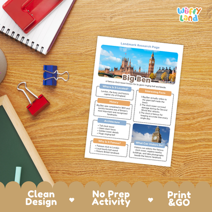 A printed educational worksheet titled 'Landmark Research Page' about Big Ben is laid on a wooden desk, surrounded by school supplies including a spiral notebook, a red notebook, binder clips, and a chalkboard. The worksheet has colorful text blocks and a photo of Big Ben with London landmarks.