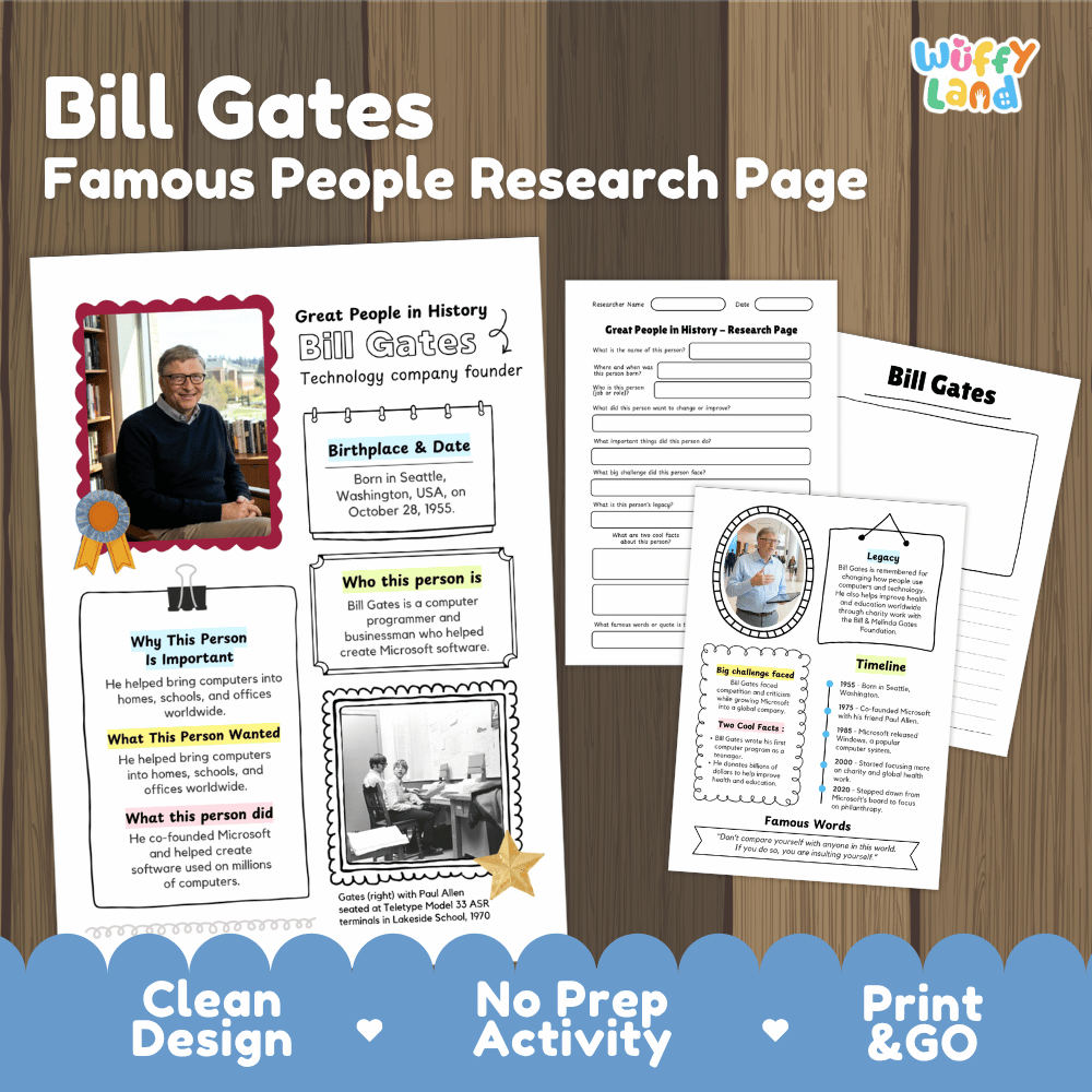 A product listing graphic for a Bill Gates themed educational research page set. The graphic shows three printable worksheet pages laid out on a dark wood background, with a blue banner at the bottom reading 'Clean Design', 'No Prep Activity', and 'Print & GO'.