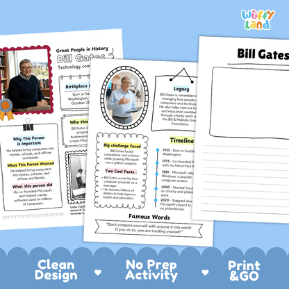Educational Bill Gates printable worksheet set shown on a blue and white background. The image includes a colorful header banner, a sample student worksheet with a photo of Bill Gates, a blank outline worksheet, and three marketing callouts reading 'Clean Design', 'No Prep Activity', and 'Print & GO'.