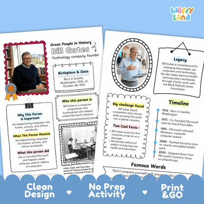 Two printed educational activity cards about Bill Gates, shown on a white background with a blue decorative footer. The cards feature photos, text boxes, timelines, and word bubbles, with the brand/store name 'wuffly land' visible at the top right.
