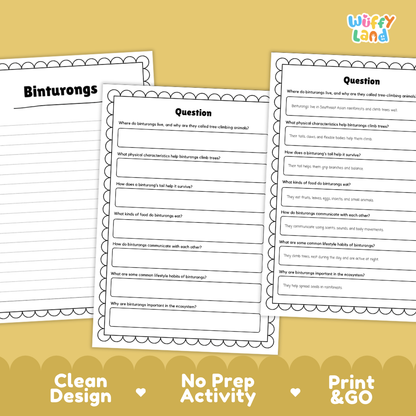 Three printable educational activity sheets for learning about Binturongs, displayed on a warm yellow background with decorative text banners at the bottom. The sheets feature clean black printed text and borders, and the brand logo 'Wiffly Land' is visible in the top right corner.