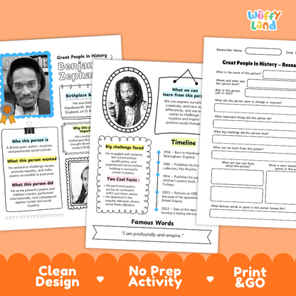 Printable research pages featuring structured writing prompts for historical figure profiles and achievements