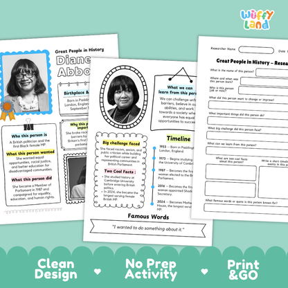 Printable research pages featuring structured writing prompts for historical figure profiles and achievements