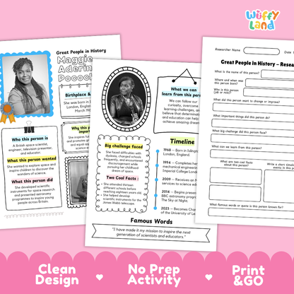 Printable research pages featuring structured writing prompts for historical figure profiles and achievements