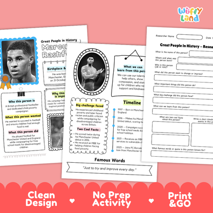 Printable research pages featuring structured writing prompts for biographical profiles and achievements