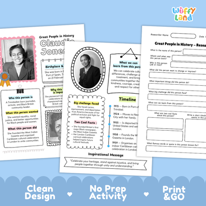 Printable research pages featuring structured writing prompts for historical figure profiles and achievements