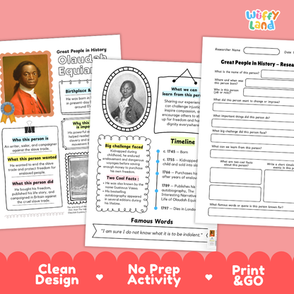 Printable research pages featuring structured writing prompts for historical figure profiles and achievements