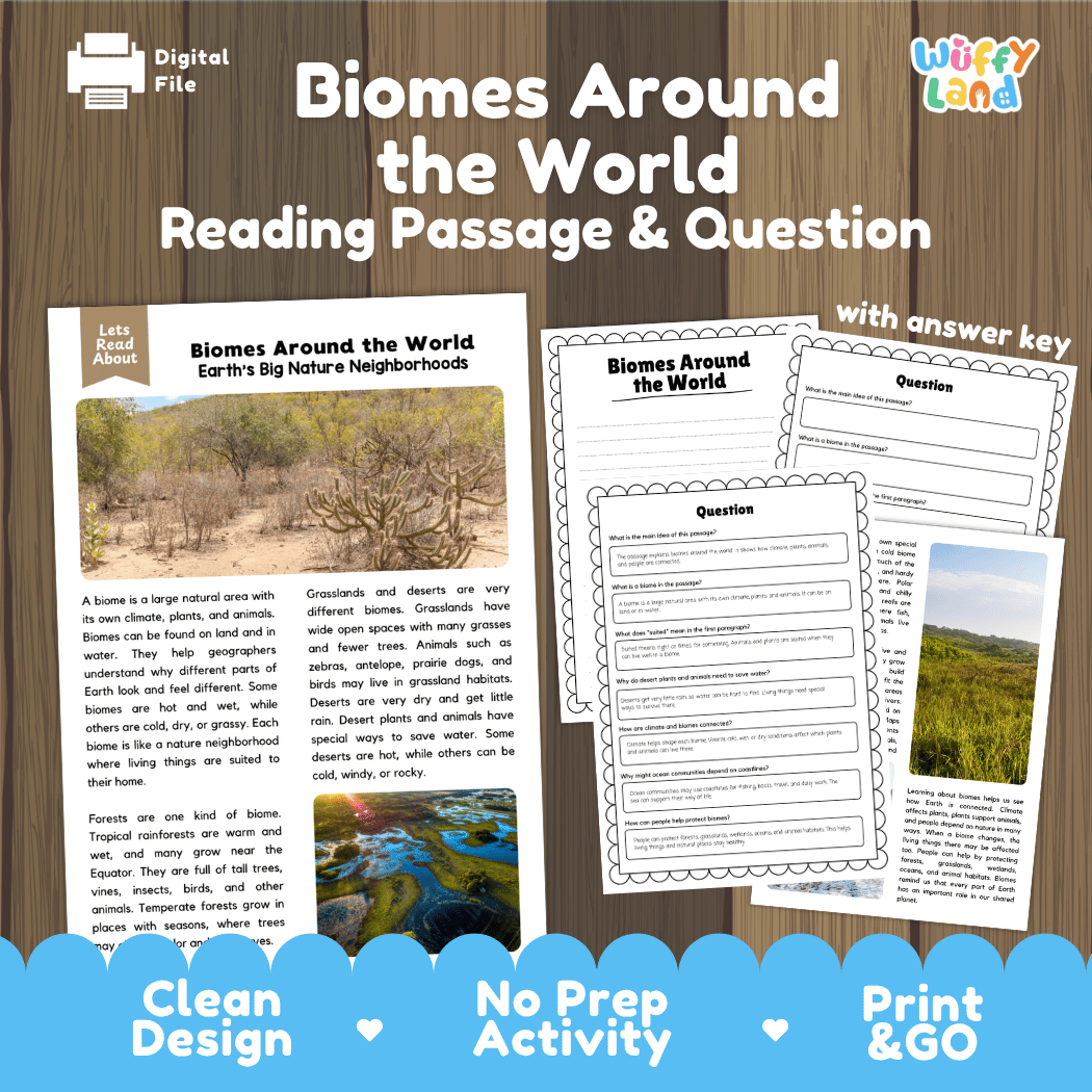Biomes around the world reading comprehension passage and questions printable activity pack with answer key for elementary students