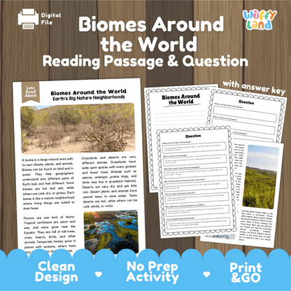 Biomes around the world reading comprehension passage and questions printable activity pack with answer key for elementary students