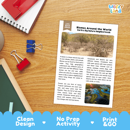 Student reading comprehension worksheet with short-answer questions and lined sections about Earth biomes