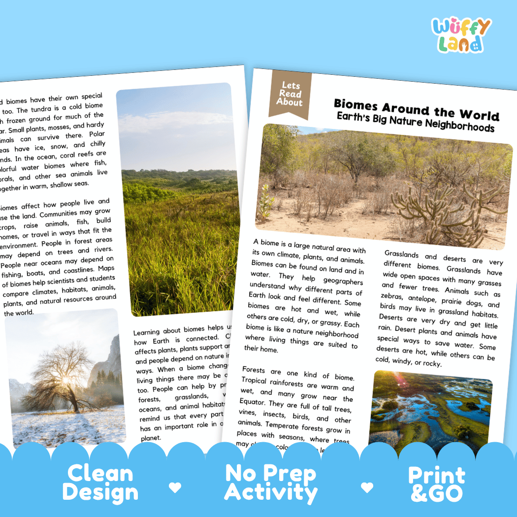 Teacher answer key page showing complete question solutions for biomes around the world reading comprehension practice
