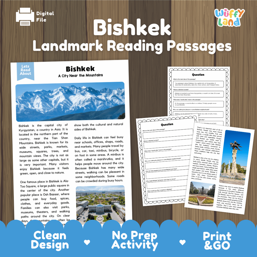 Bishkek landmark reading passage and comprehension worksheet educational unit featuring nonfiction text and authentic Bishkek Kyrgyzstan city and mountain photography