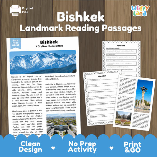 Bishkek landmark reading passage and comprehension worksheet educational unit featuring nonfiction text and authentic Bishkek Kyrgyzstan city and mountain photography