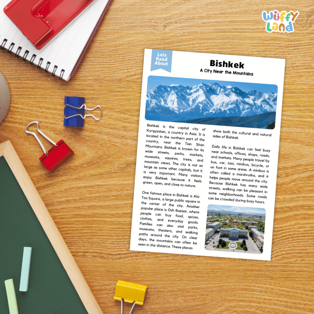Lined reading comprehension question worksheet covering main ideas vocabulary terms and landmark facts about Bishkek Kyrgyzstan