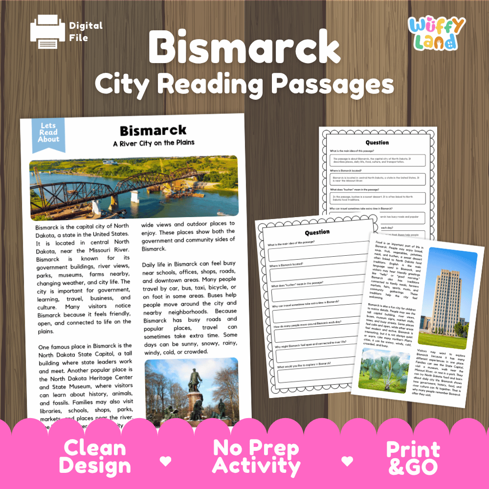 Bismarck city reading passages and comprehension worksheet educational unit featuring nonfiction text and authentic Bismarck North Dakota capitol and river photography