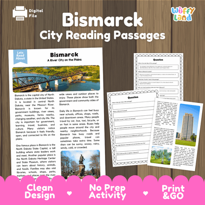 Bismarck city reading passages and comprehension worksheet educational unit featuring nonfiction text and authentic Bismarck North Dakota capitol and river photography