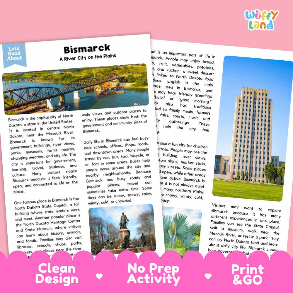 Reference sheet and answer key for Bismarck landmark reading passage displaying completed comprehension answers and United States geography facts