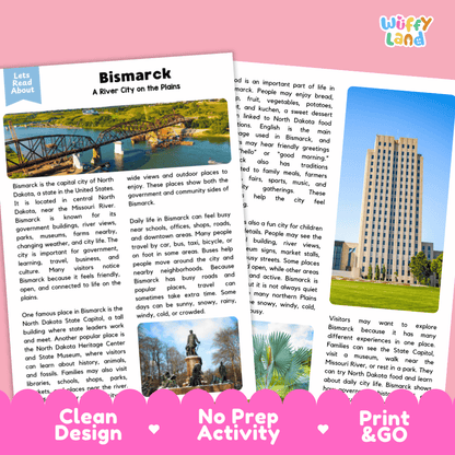 Reference sheet and answer key for Bismarck landmark reading passage displaying completed comprehension answers and United States geography facts