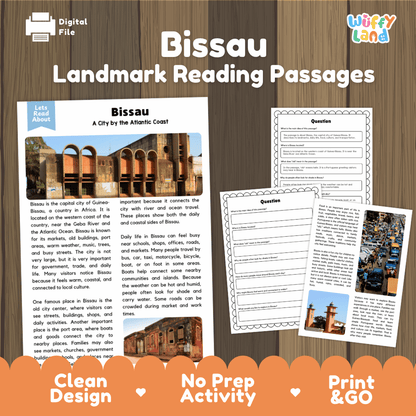 Bissau landmark reading passage and comprehension worksheet educational unit featuring nonfiction text and authentic Guinea-Bissau historic architecture photography