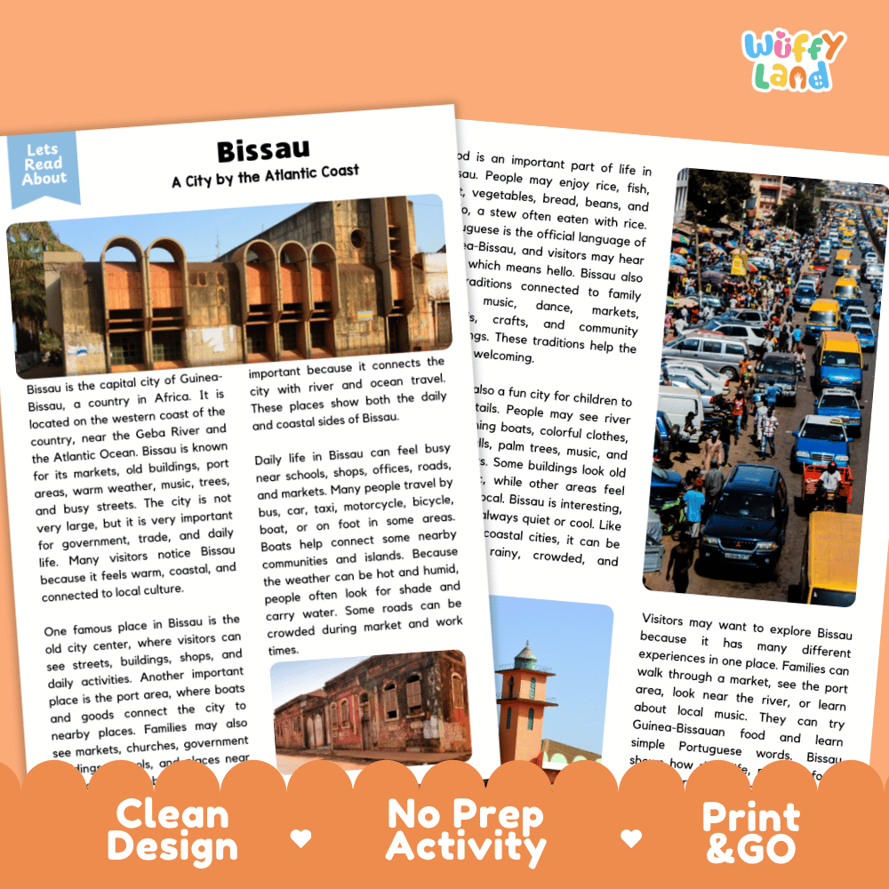 Reference sheet and answer key for Bissau landmark reading passage displaying completed comprehension answers and West African geography facts