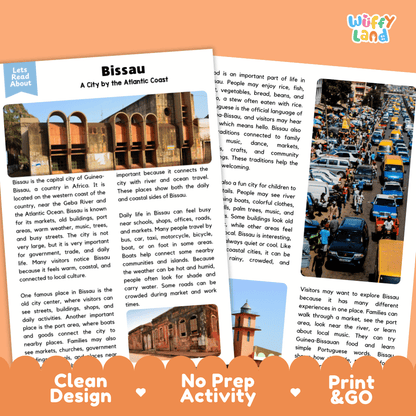 Reference sheet and answer key for Bissau landmark reading passage displaying completed comprehension answers and West African geography facts