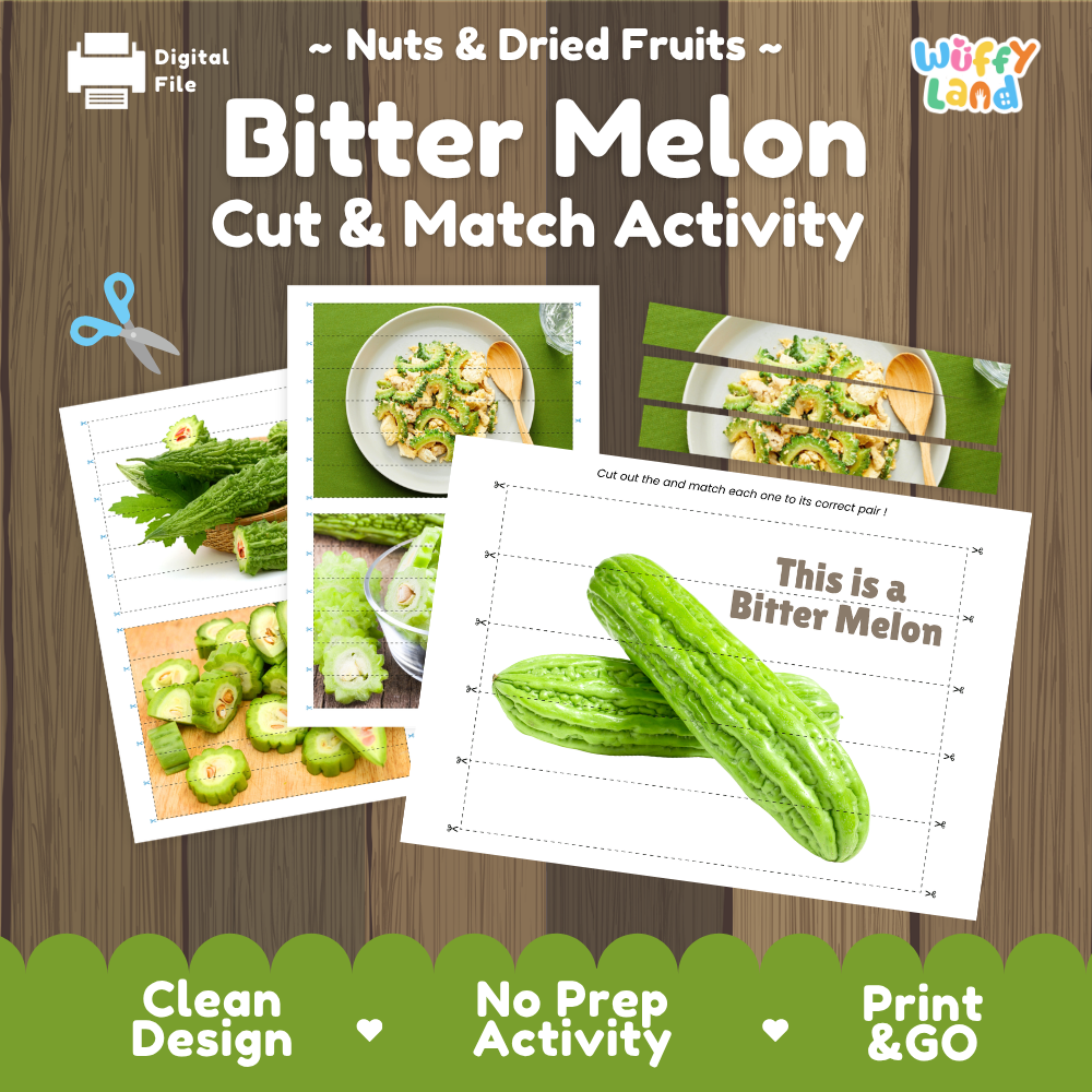 Bitter melon cut and match activity cover showing printable fine motor puzzle sheets and produce photographs