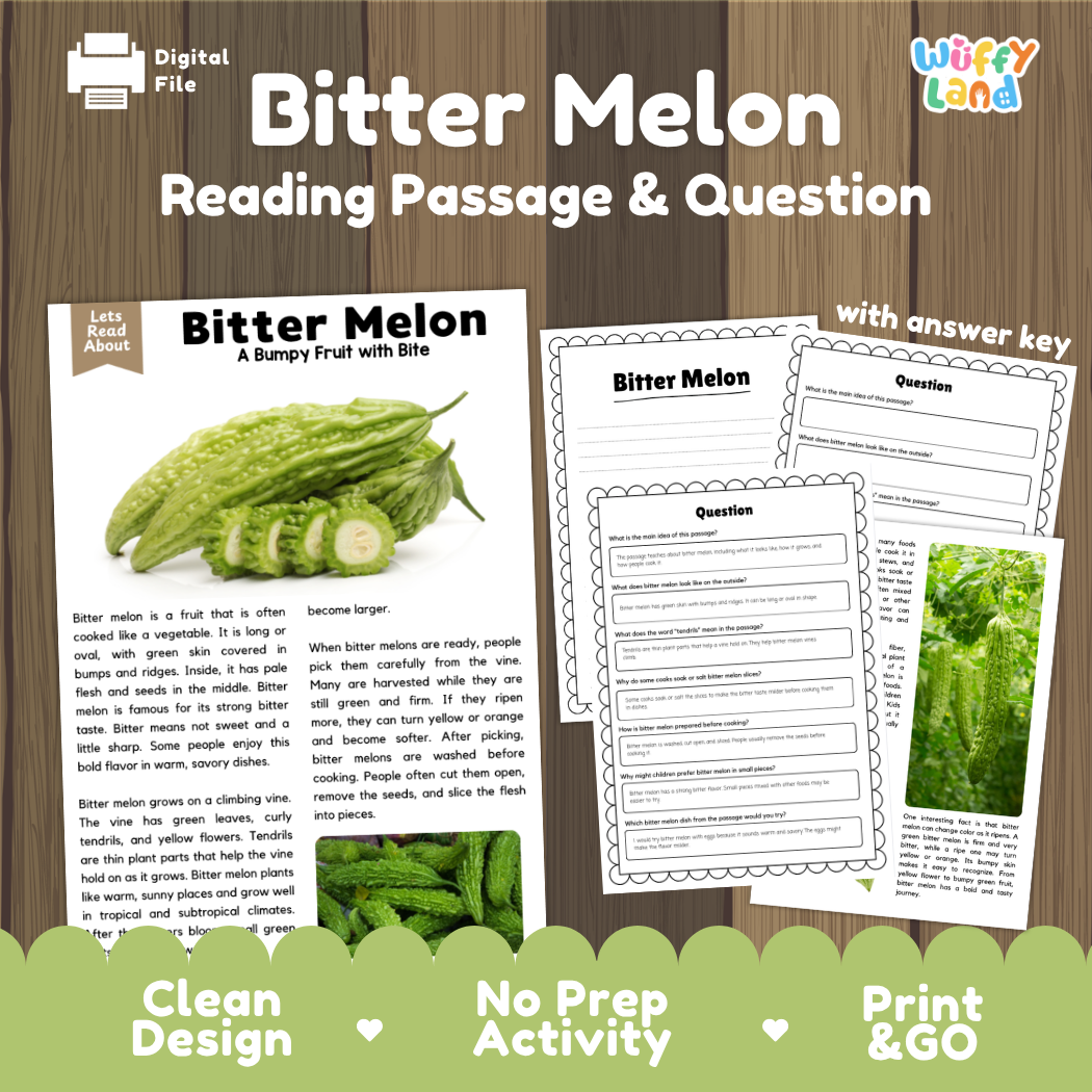 Bitter Melon reading comprehension passage and questions printable activity pack with answer key for elementary students